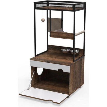 Hidden Cat Litter Box Enclosures with Cat Tree Tower, Cat Furniture with Scratching Pads and Large Storage Space, Industrial Cat Cabinet with Shelves and Doors, Rustic Brown