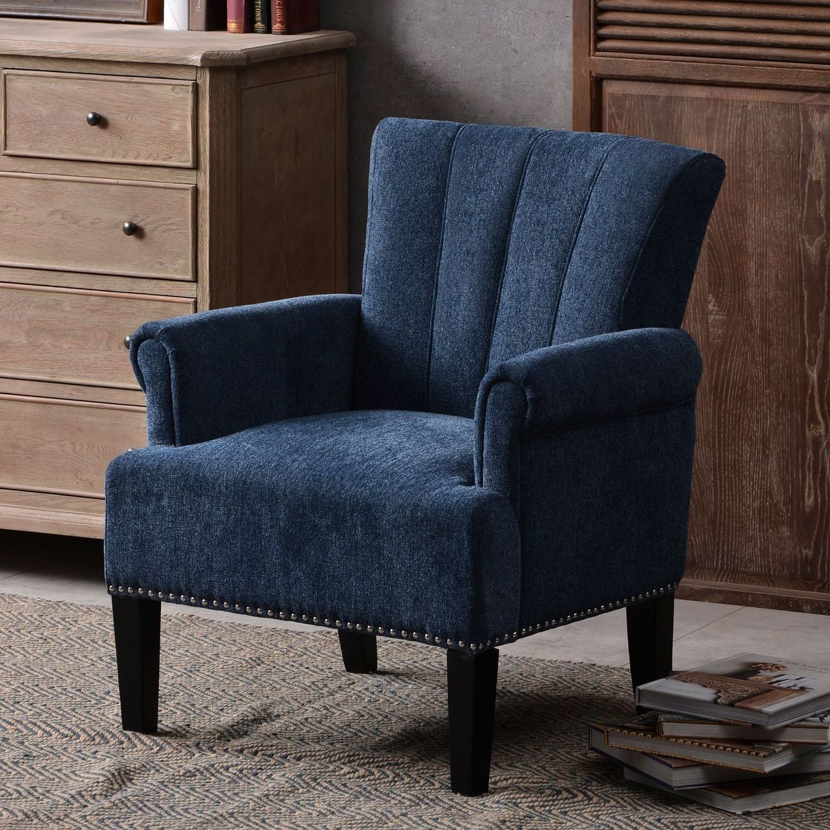 Accent Rivet Tufted Polyester Armchair, Navy Blue