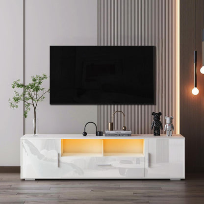 QUICK ASSEMBLE WHITE modern TV Stand, only 20 minutes to finish assemble, with LED Lights, high glossy front TV Cabinet, can be assembled in Lounge Room, Living Room or Bedroom, color:WHITE