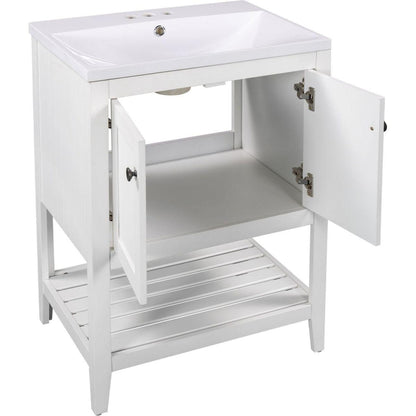 24" White Modern Sleek Bathroom Vanity Elegant Ceramic Sink with Solid Wood Frame Open Style Shelf