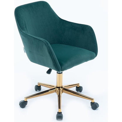 Modern Velvet Fabric Material Adjustable Height 360 revolving Home Office Chair with Gold Metal Legs and Universal Wheels for Indoor, Dark Green