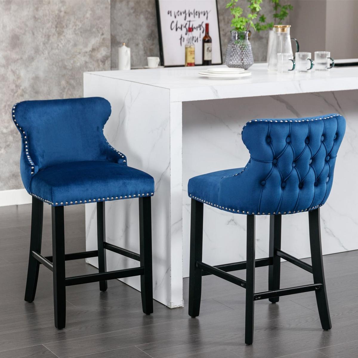 Contemporary Velvet Upholstered Wing-Back Barstools with Button Tufted Decoration and Wooden Legs, and Chrome Nailhead Trim, Leisure Style Bar Chairs,Bar stools,Set of 2 (Blue)