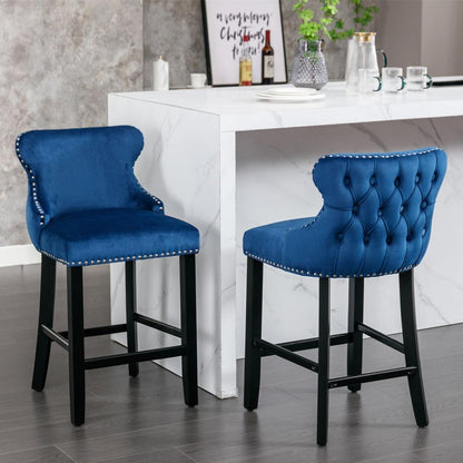 Contemporary Velvet Upholstered Wing-Back Barstools with Button Tufted Decoration and Wooden Legs, and Chrome Nailhead Trim, Leisure Style Bar Chairs,Bar stools,Set of 2 (Blue)