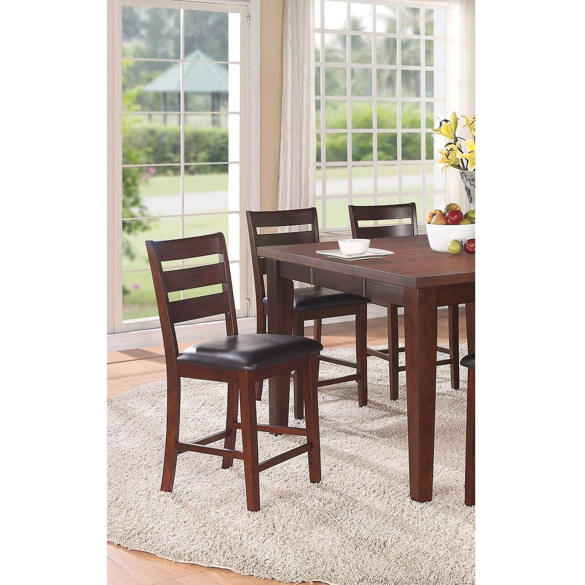 Set of 2 Chairs Dining Room Furniture Antique walnut Wood Finish Cushioned Solid wood Counter Height Chairs Faux Leather Cushion