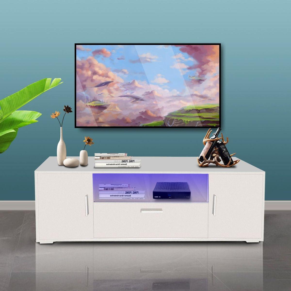 QUICK ASSEMBLE WHITE modern TV Stand, only 20 minutes to finish assemble, with LED Lights, high glossy front TV Cabinet, can be assembled in Lounge Room, Living Room or Bedroom, color:WHITE