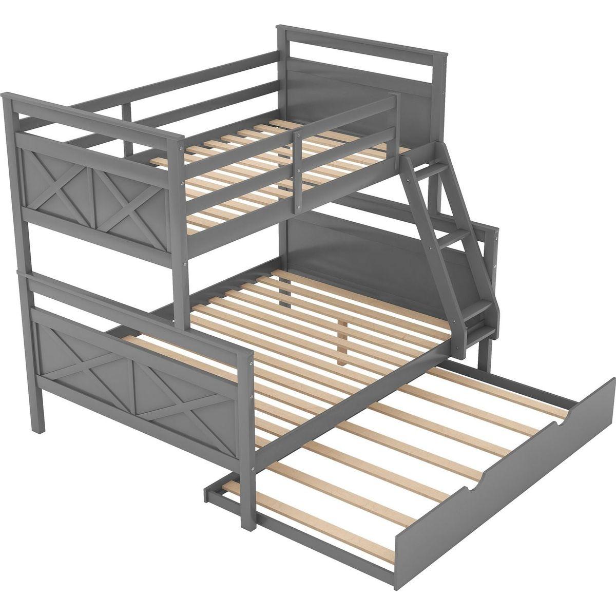 Twin over Full Bunk Bed with Ladder, Twin Size Trundle, Safety Guardrail, Gray