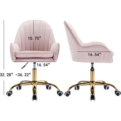 Velvet Home Office Chair with Wheels, Cute Chair with Side Arms and Gold Metal Base for Living Room, Bedroom,and Vanity Room,Bling Desk Nail Desk for Women,Adjustable Height,Pink