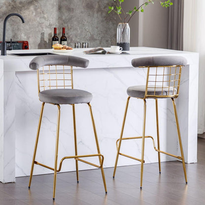 Bar Stool Set of 2, Luxury Velvet High Bar Stool with Metal Legs and Soft Back, Pub Stool Chairs Armless Modern Kitchen High Dining Chairs with Metal Legs, Grey