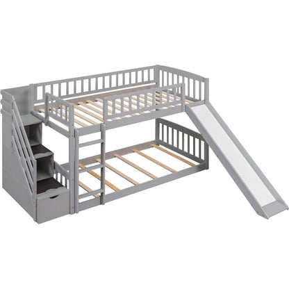 Stairway Twin over Twin Bunk Bed with Two Drawers and Slide, Gray