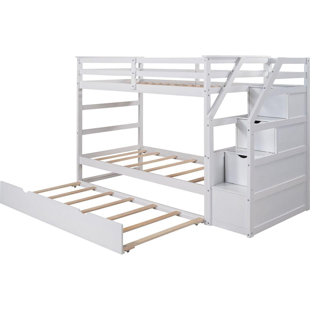 Twin-Over-Twin Bunk Bed with Twin Size Trundle and 3 Storage Stairs, White - Streamdale Furniture