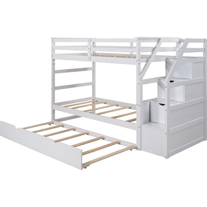 Twin-Over-Twin Bunk Bed with Twin Size Trundle and 3 Storage Stairs, White - Streamdale Furniture
