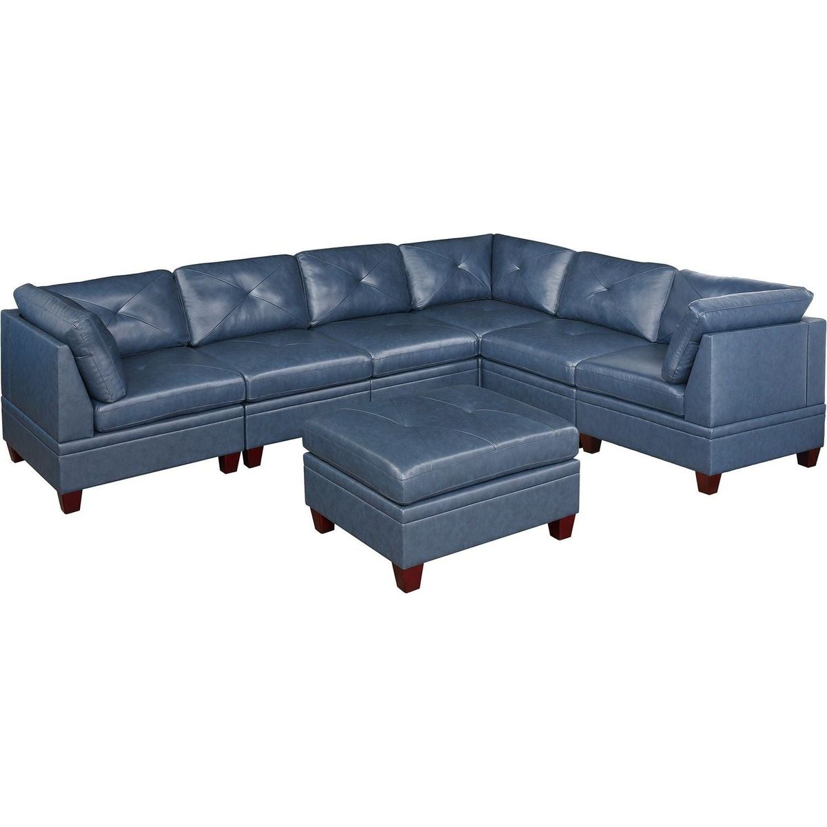 Genuine Leather Ink Blue Tufted 6pc Sectional Set 3x Corner Wedge 3x Armless Chair Living Room Furniture Sofa Couch