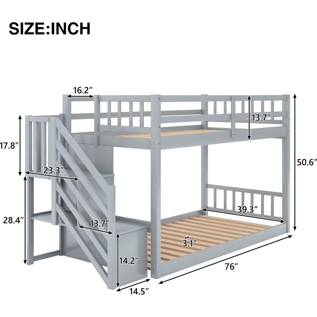 Twin over Twin Floor Bunk Bed, Ladder with Storage, Gray - Streamdale Furniture