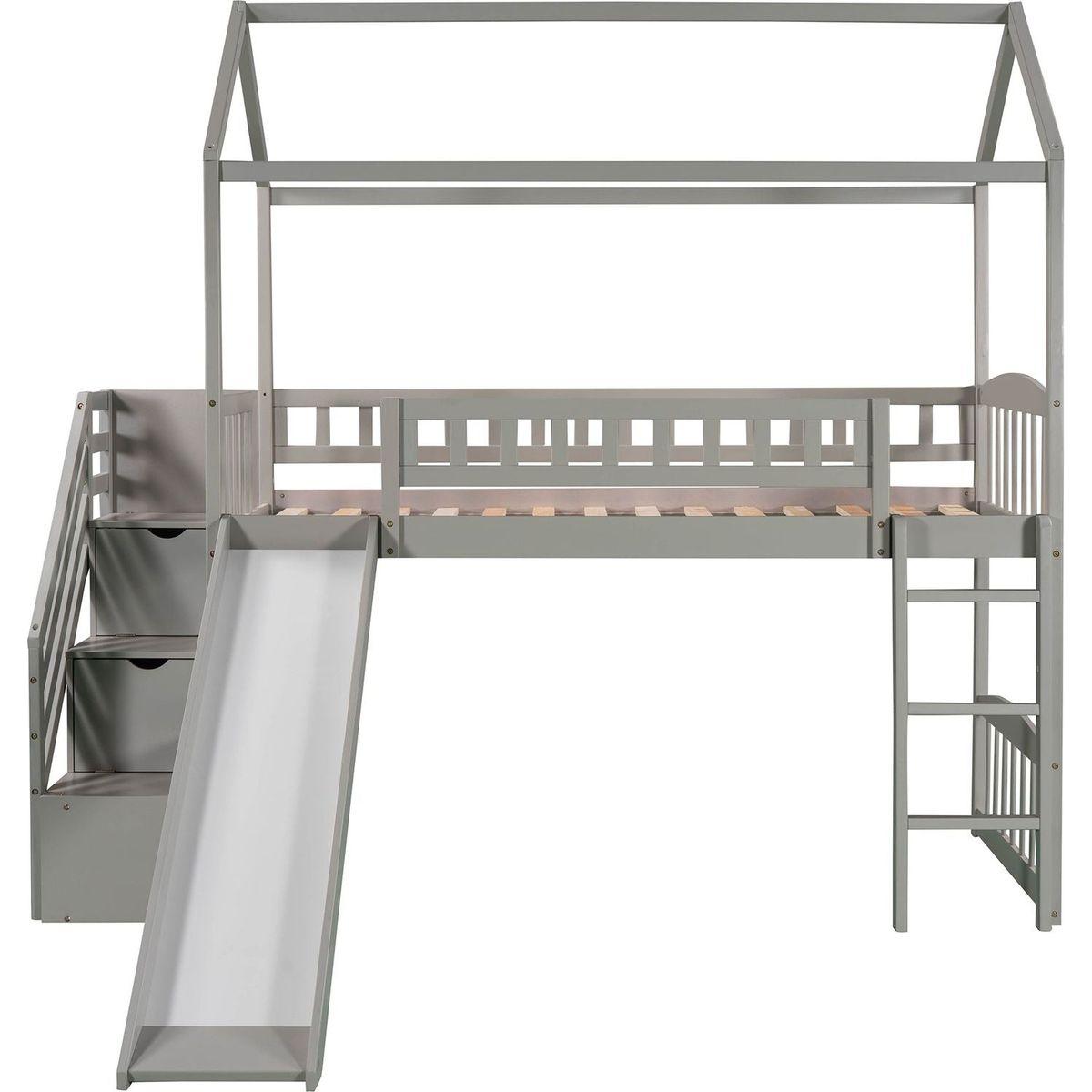 Twin Loft Bed with Two Drawers and Slide, House Bed with Slide, Gray