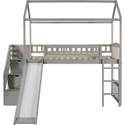 Twin Loft Bed with Two Drawers and Slide, House Bed with Slide, Gray