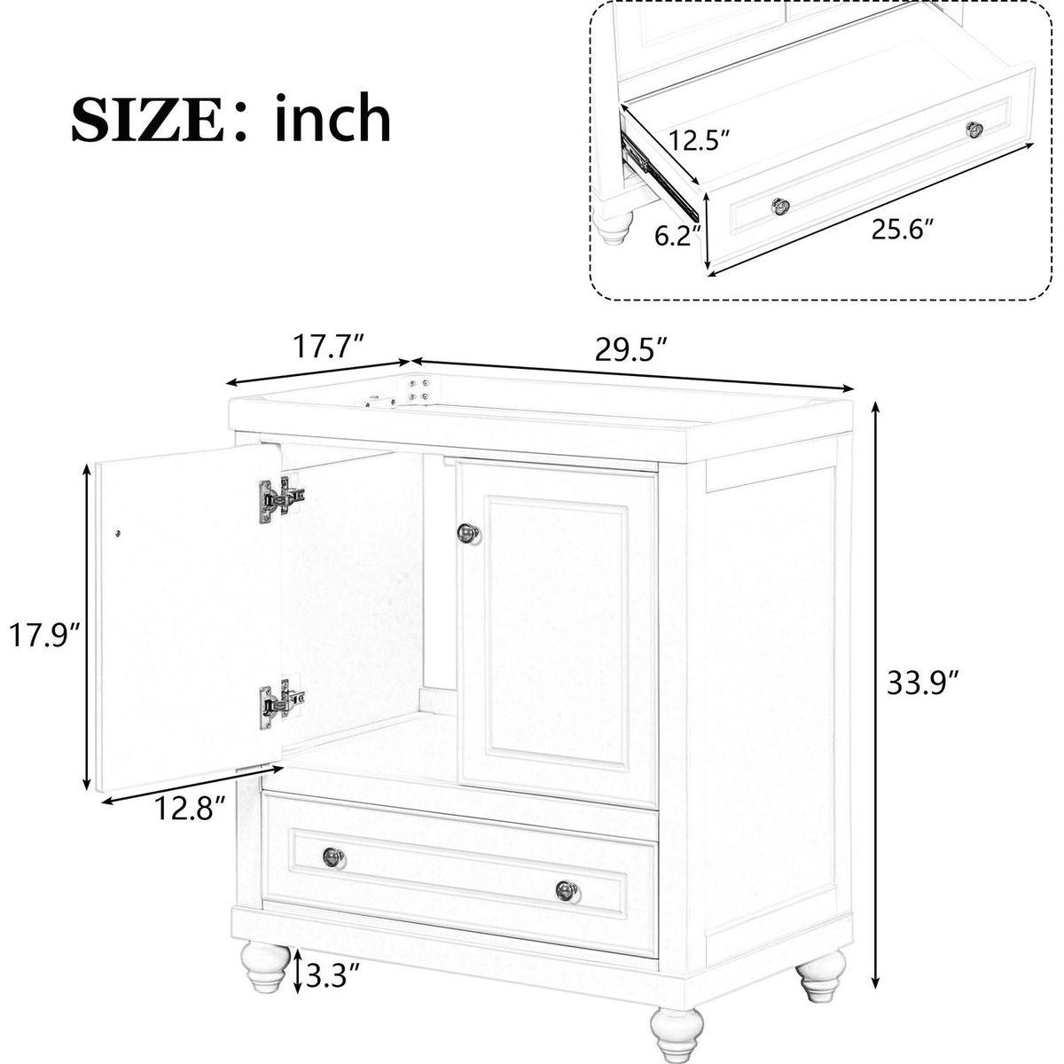 30" Bathroom Vanity without Sink, Base Only, Cabinet with Doors and Drawer, Solid Frame and MDF Board, White