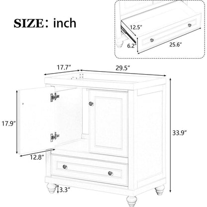 30" Bathroom Vanity without Sink, Base Only, Cabinet with Doors and Drawer, Solid Frame and MDF Board, White