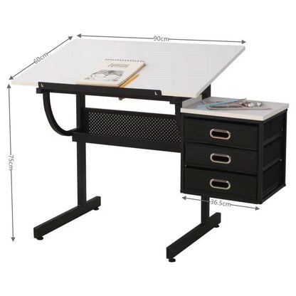 White adjustable drafting drawing table with stool and 3 drawers