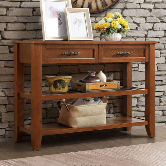 Console Sofa Table with 2 Storage Drawers and 2 Tiers Shelves, Mid-Century Style 42" Solid Wood Buffet Sideboard for Living Room Furniture Kitchen Dining Room Entryway Hallway, Brown