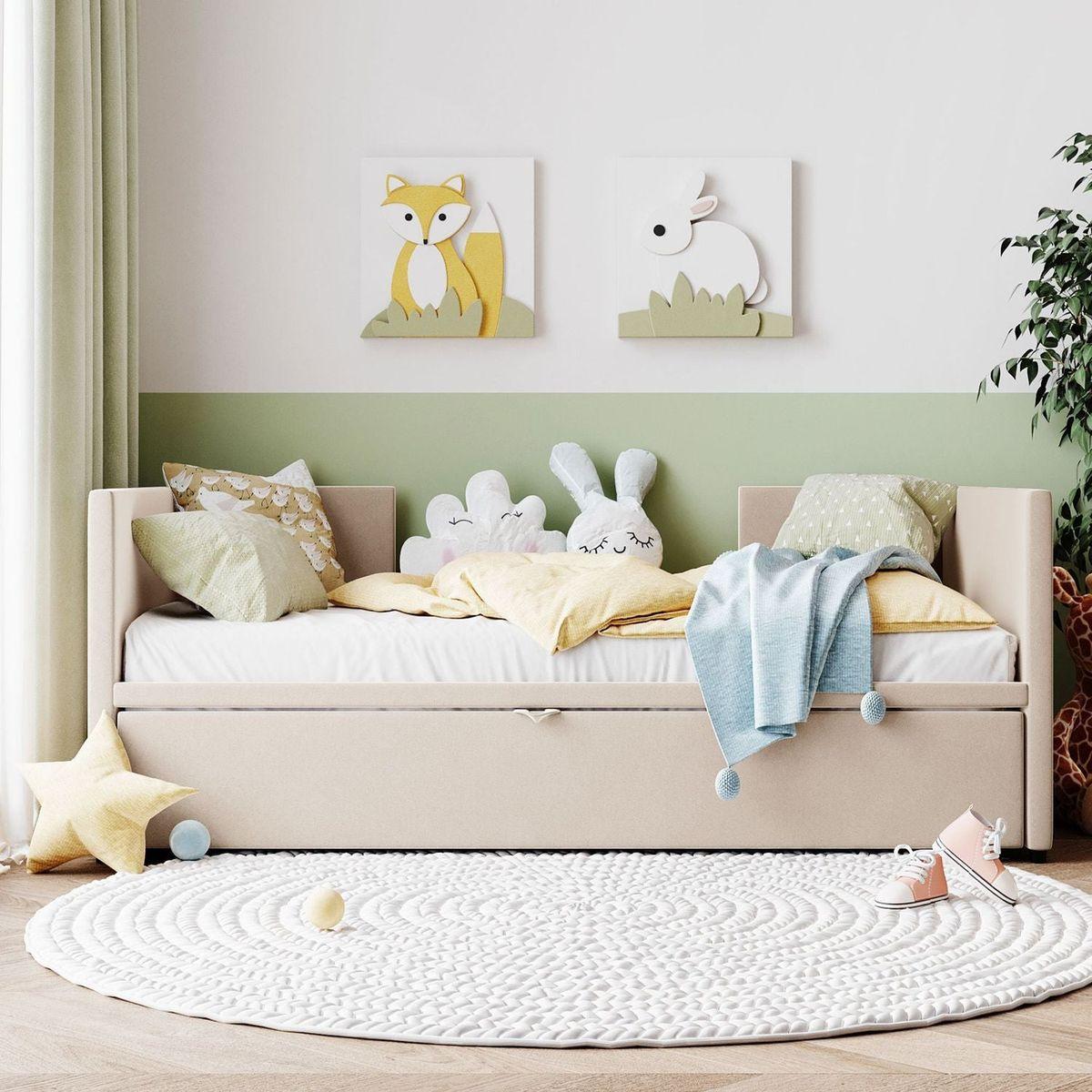 Twin Size Upholstered daybed with Extendable Trundle, Beige - Streamdale Furniture