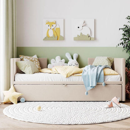 Twin Size Upholstered daybed with Extendable Trundle, Beige - Streamdale Furniture