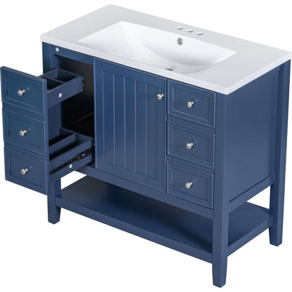 36" Bathroom Vanity with Sink Combo, One Cabinet and Three Drawers, Solid Wood and MDF Board, Blue