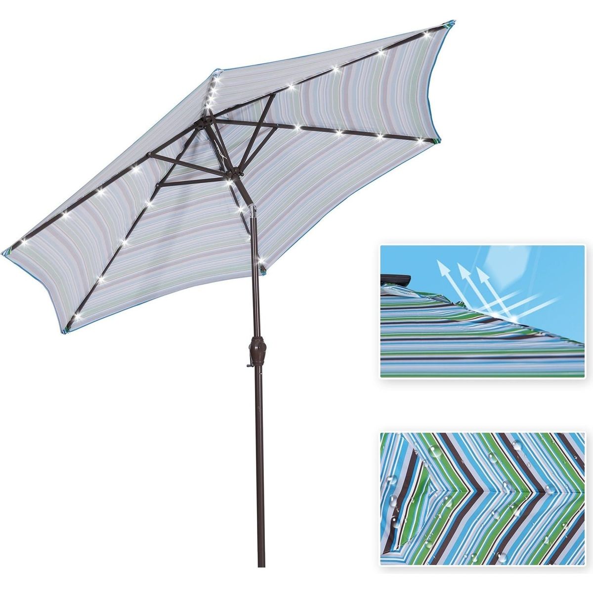 Outdoor Patio 8.7-Feet Market Table Umbrella with Push Button Tilt and Crank, Blue Stripes With 24 LED Lights[Umbrella Base is not Included]