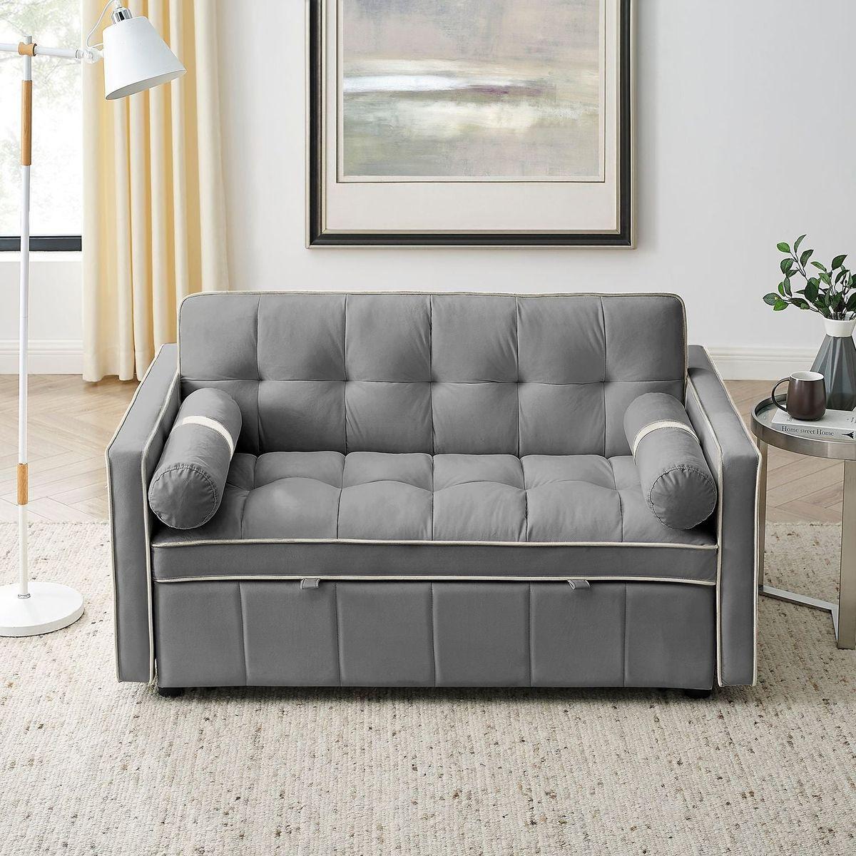 Modern 55.5" Pull Out Sleep Sofa Bed 2 Seater Loveseats Sofa Couch with side pockets, Adjustable Backrest and Lumbar Pillows for Apartment Office Living Room