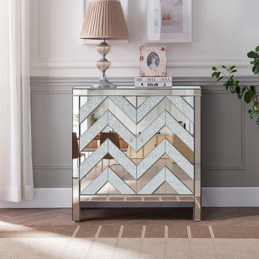 Storage Cabinet with Mirror Trim and M Shape Design, Silver, for Living Room, Dining Room, Entryway, Kitchen