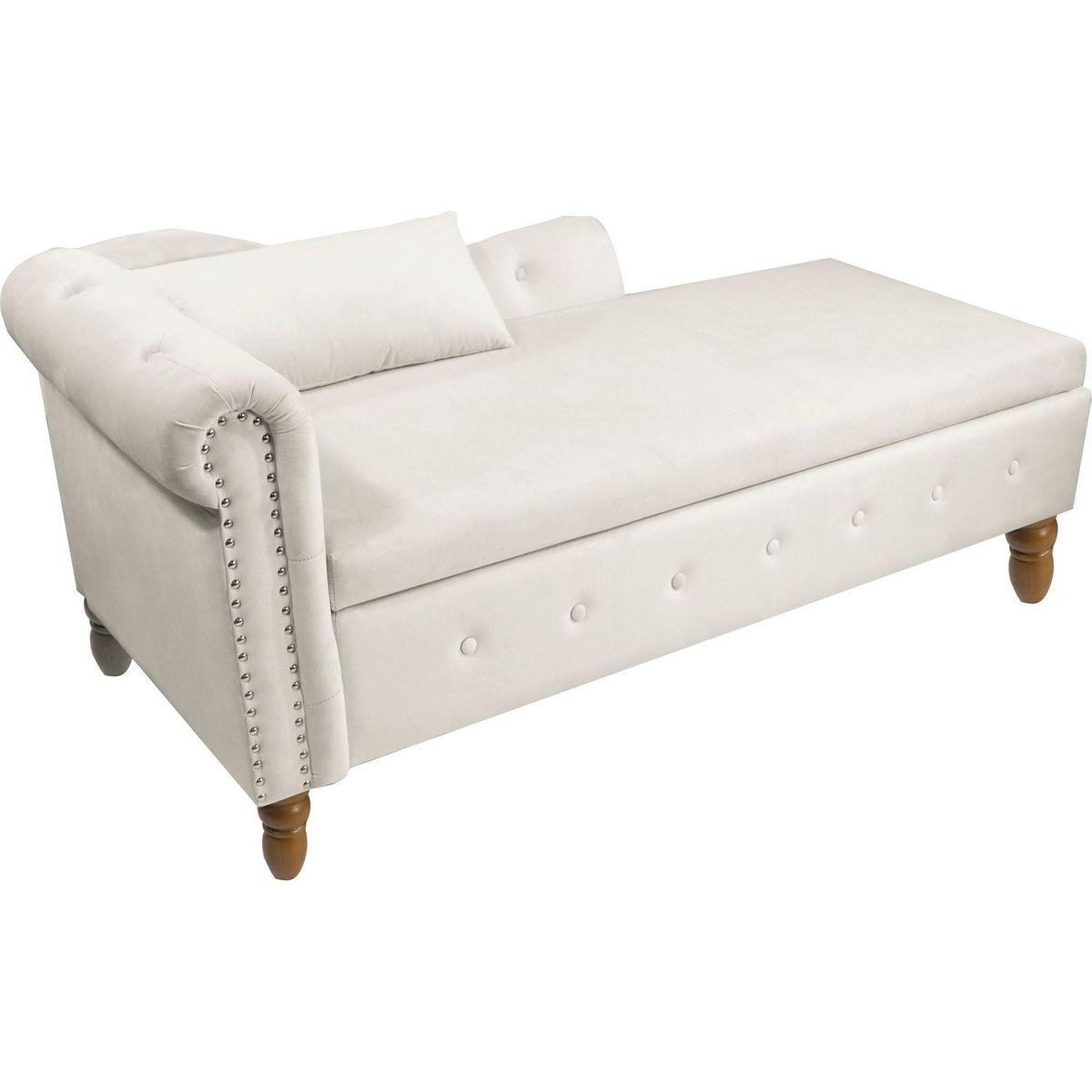 Beige Chaise Lounge Indoor, Velvet Lounge Chair for Bedroom with Storage & Pillow, Modern Upholstered Rolled Arm Chase Lounge for Sleeping with Nailhead Trim for Living Room Bedroom Office