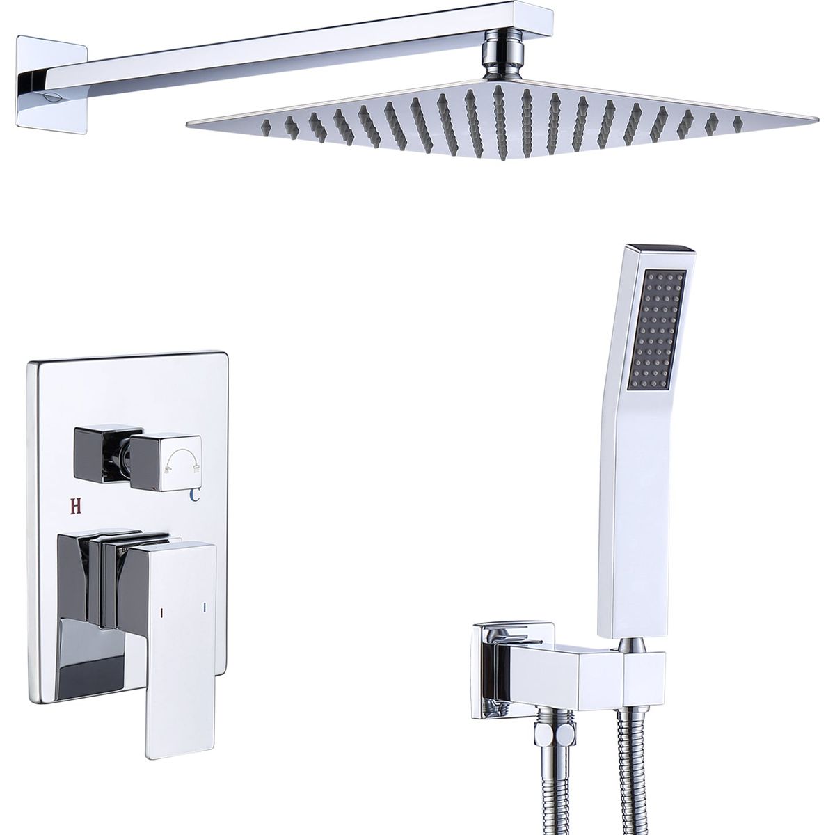 Shower System Shower Faucet Combo Set Wall Mounted with 12" Rainfall Shower Head and handheld shower faucet, Chrome Finish with Brass Valve Rough-In