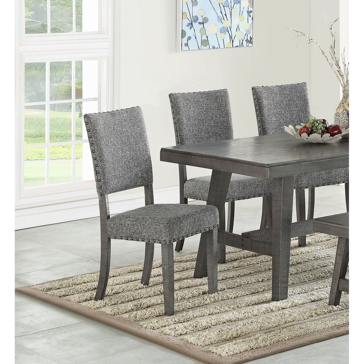 Modern Gray Fabric Upholstered Set of 2 Side Chairs Dining Room Saw Tooth Engraving