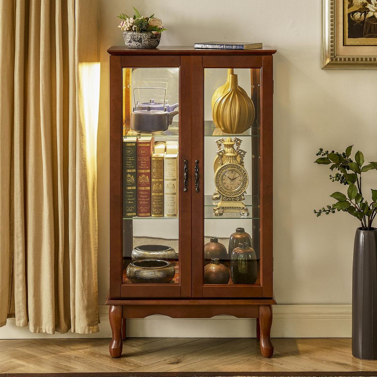 Curio Cabinet Lighted Curio Diapaly Cabinet with Adjustable Shelves and Mirrored Back Panel, Tempered Glass Doors (Walnut, 3 Tier), (E26 light bulb not included) - Streamdale Furniture