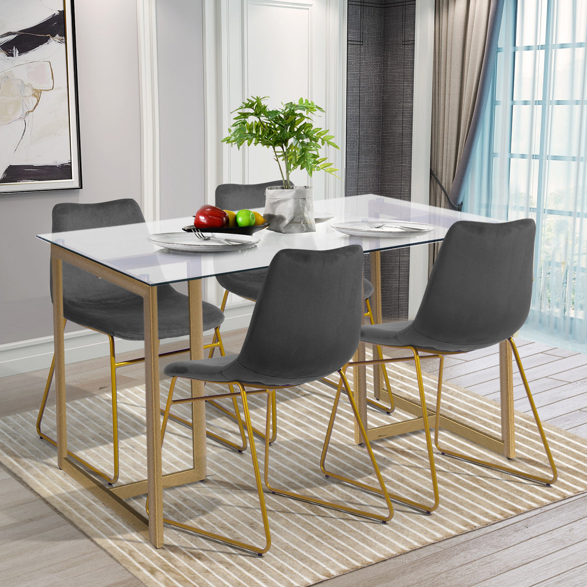 Modern Dining Chairs Set of 2, Velvet Upholstered Side Chairs with Golden Metal Legs for Dining Room Furniture, Grey