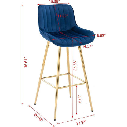 26 Inch Set of 2 Bar Stools, with Steel Frame Footrest Velvet Fabric Golden Leg Simple Bar Stool, BLUE