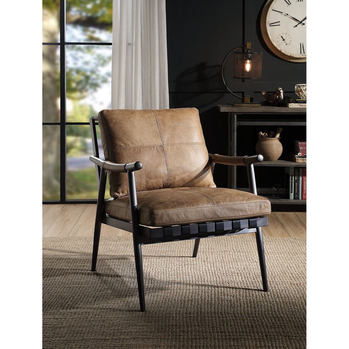 Anzan Accent Chair in Berham Chestnut Top Grain Leather & Matt Iron Finish