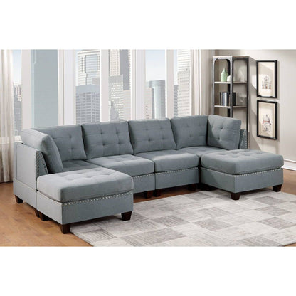 Modular Sectional 6pc Set Living Room Furniture U-Sectional Tufted Nail heads Couch Gray Linen Like Fabric 2x Corner Wedge 2x Armless Chairs and 2x Ottomans