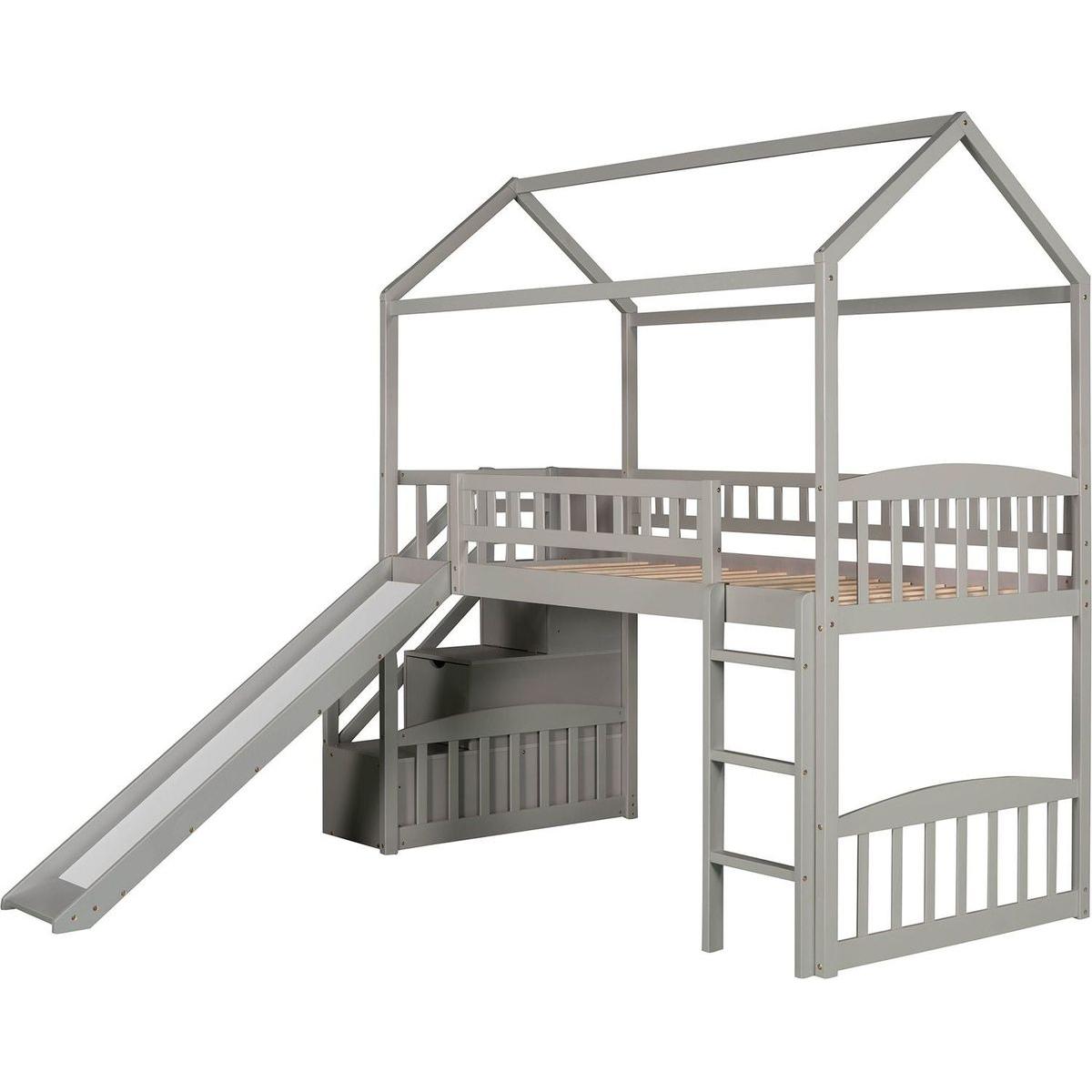 Twin Loft Bed with Two Drawers and Slide, House Bed with Slide, Gray