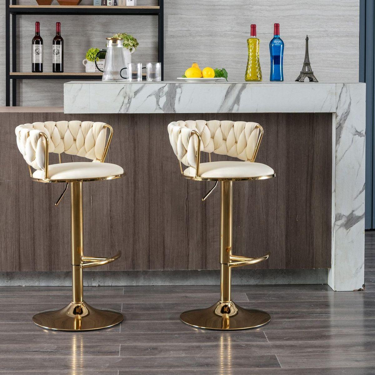 Set of 2 Bar Stools, with Chrome Footrest and Base Swivel Height Adjustable Mechanical Lifting Velvet + Golden Leg Simple Bar Stool-Cream - Streamdale Furniture