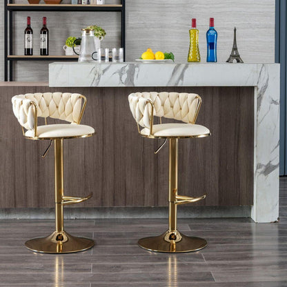 Set of 2 Bar Stools, with Chrome Footrest and Base Swivel Height Adjustable Mechanical Lifting Velvet + Golden Leg Simple Bar Stool-Cream - Streamdale Furniture