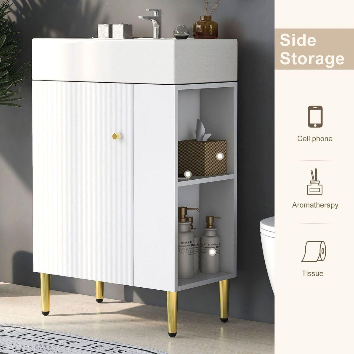 21.6" white Bathroom vanity, Combo Cabinet, Bathroom Storage Cabinet, Single Ceramic Vessel Sink, Right side storage