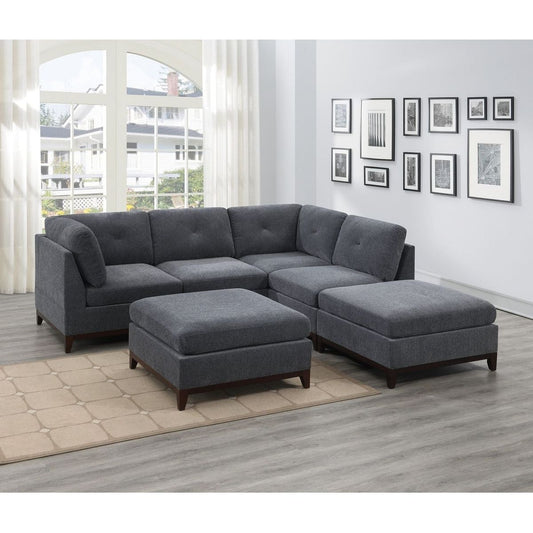 Ash Grey Chenille Fabric Modular Sectional 6pc Set Living Room Furniture Corner L-Sectional Couch 2x Corner Wedge 2x Armless Chairs and 2x Ottomans Tufted Back