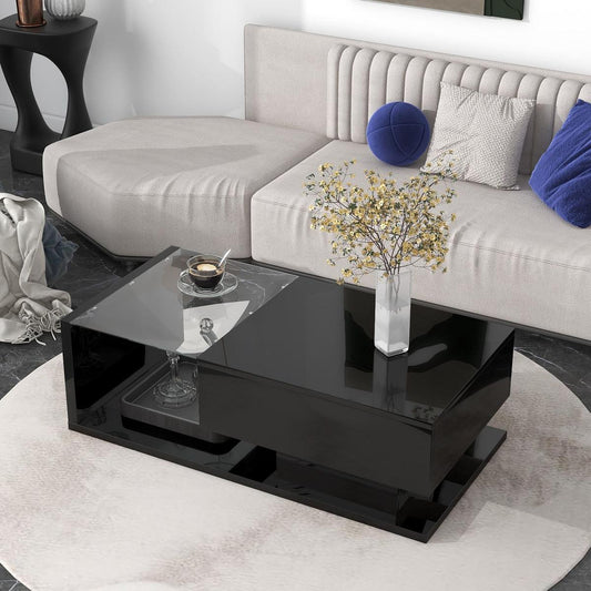 Modern Coffee Table with Tempered Glass, Wooden Cocktail Table with High-gloss UV Surface, Modernist 2-Tier Rectangle Center Table for Living Room, Black - Streamdale Furniture