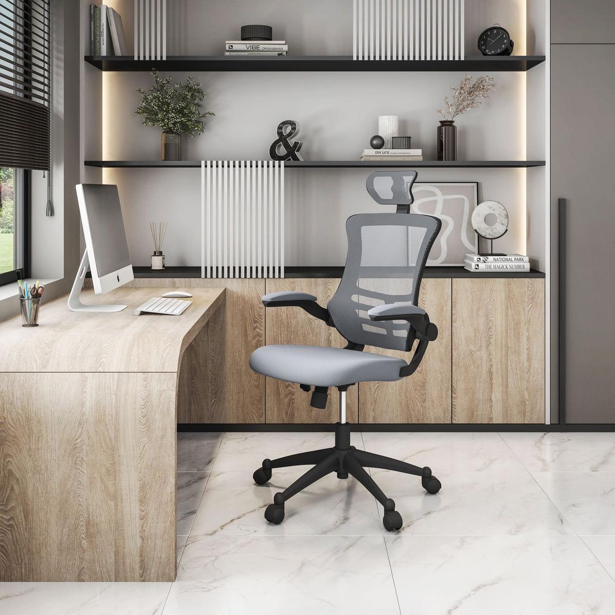 Modern High-Back Mesh Executive Office Chair with Headrest and Flip-Up Arms, Silver Grey