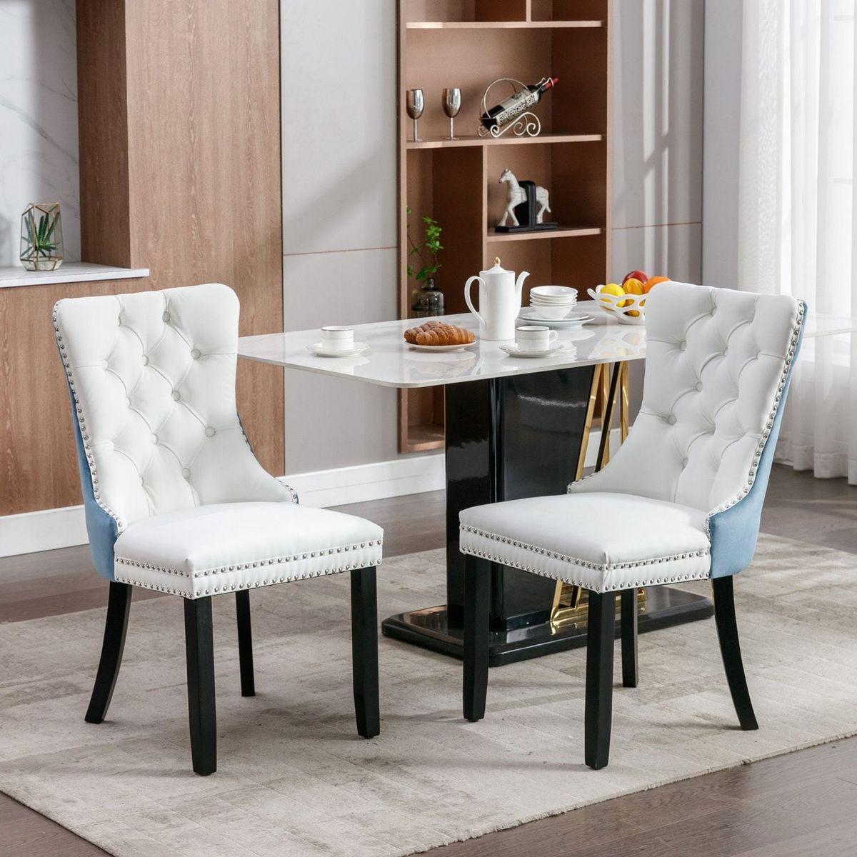 Nikki Collection Modern, High-end Tufted Solid Wood Contemporary PU and Velvet Upholstered Dining Chair with Wood Legs Nailhead Trim 2-Pcs Set, White+Light Blue