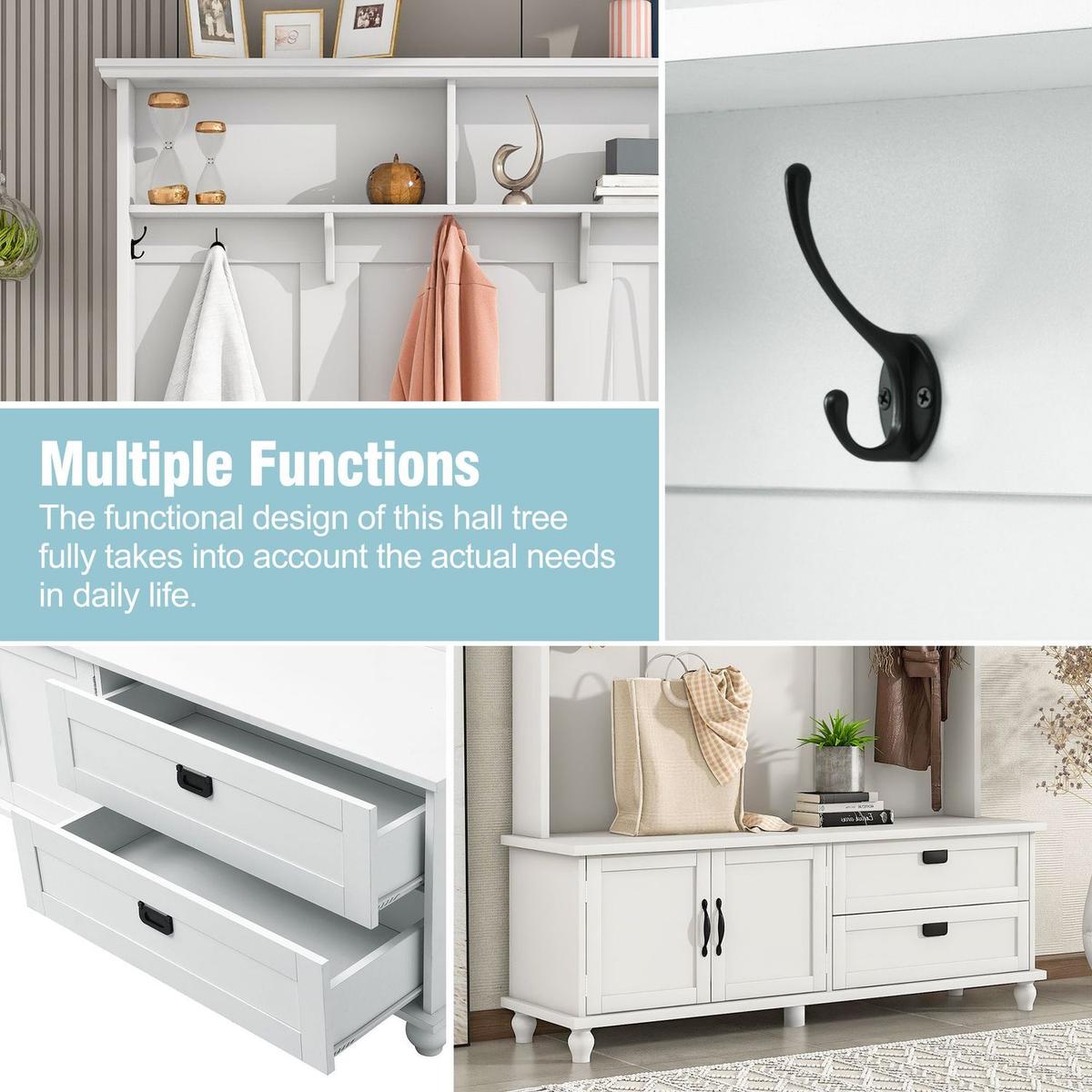 Modern Style Hall Tree with Storage Cabinet and 2 Large Drawers, Widen Mudroom Bench with 5 Coat Hooks, White