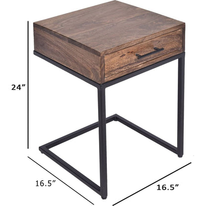 Mango Wood Side Table with Drawer and Cantilever Iron Base, Brown and Black