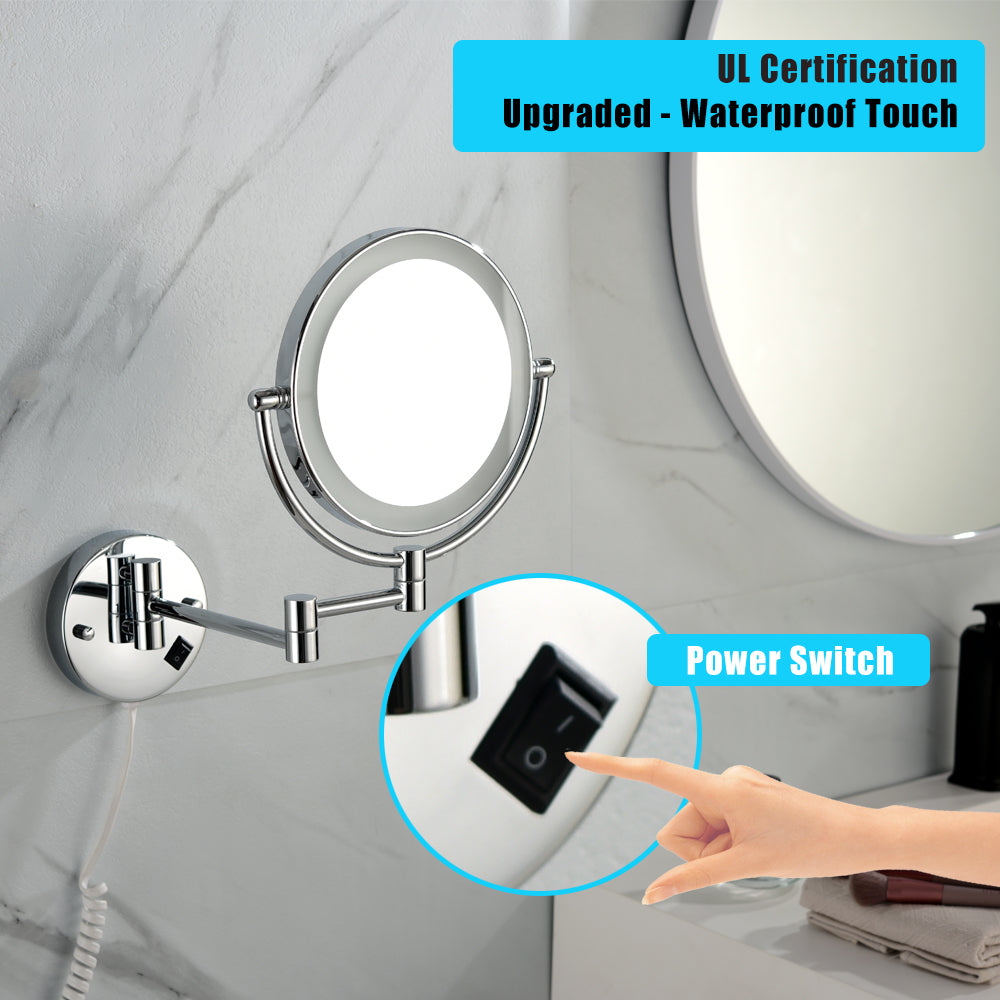 8 Inch LED Wall Mount Two-Sided Magnifying Makeup Vanity Mirror 12 Inch Extension Chrome Finish 1X/3X Magnification Plug 360 Degree Rotation Waterproof Button Shaving Mirror