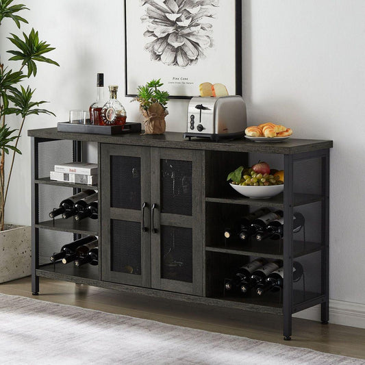 Industrial Wine Bar Cabinet, Liquor Storage Credenza, Sideboard with Wine Racks & Stemware Holder (Dark Grey, 55.12" W x 13.78"d x 30.31' ' h)