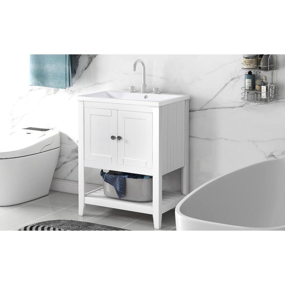 24" White Modern Sleek Bathroom Vanity Elegant Ceramic Sink with Solid Wood Frame Open Style Shelf